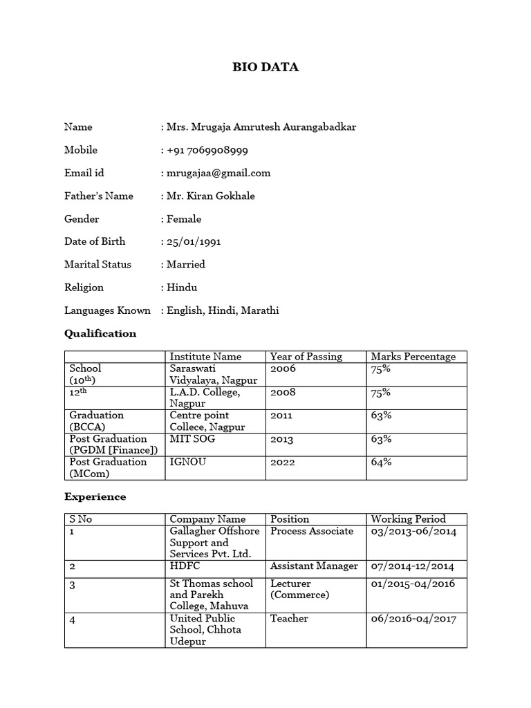 Mrugaja Bio Data | PDF