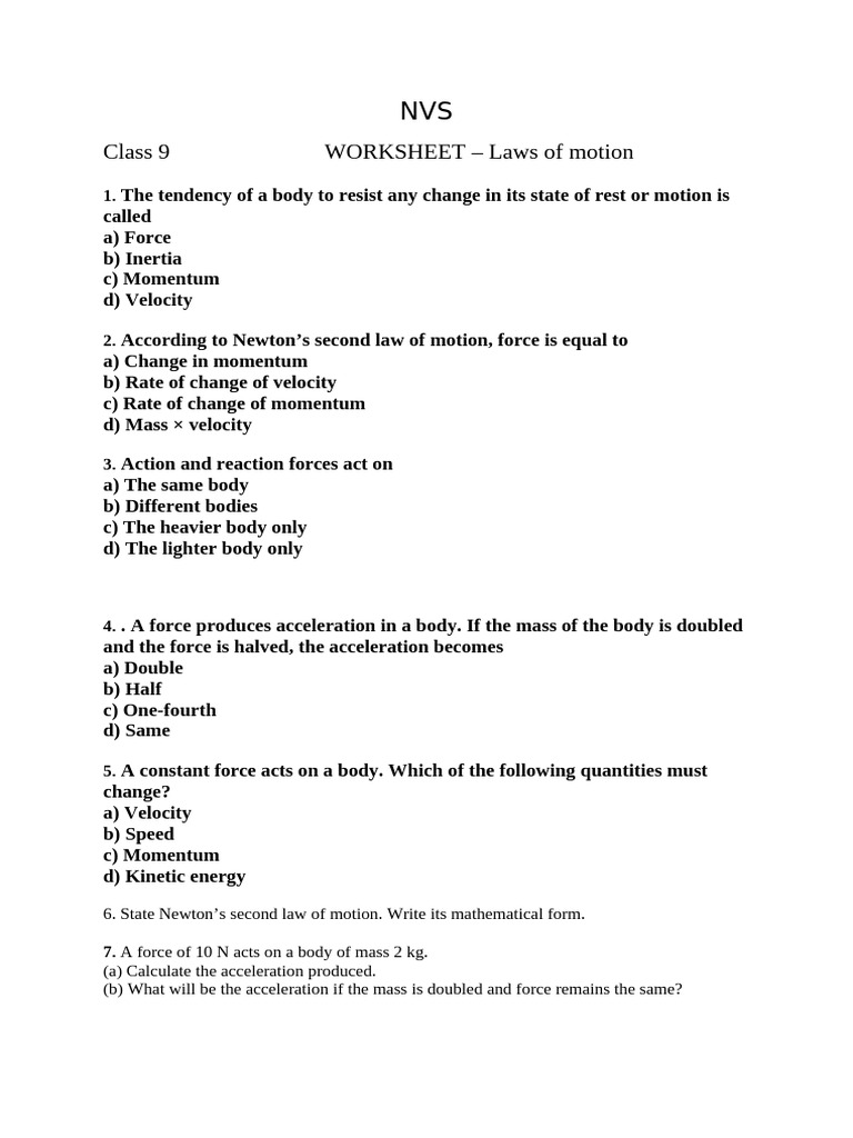 Class 9 Worksheet - Laws of Motion | PDF