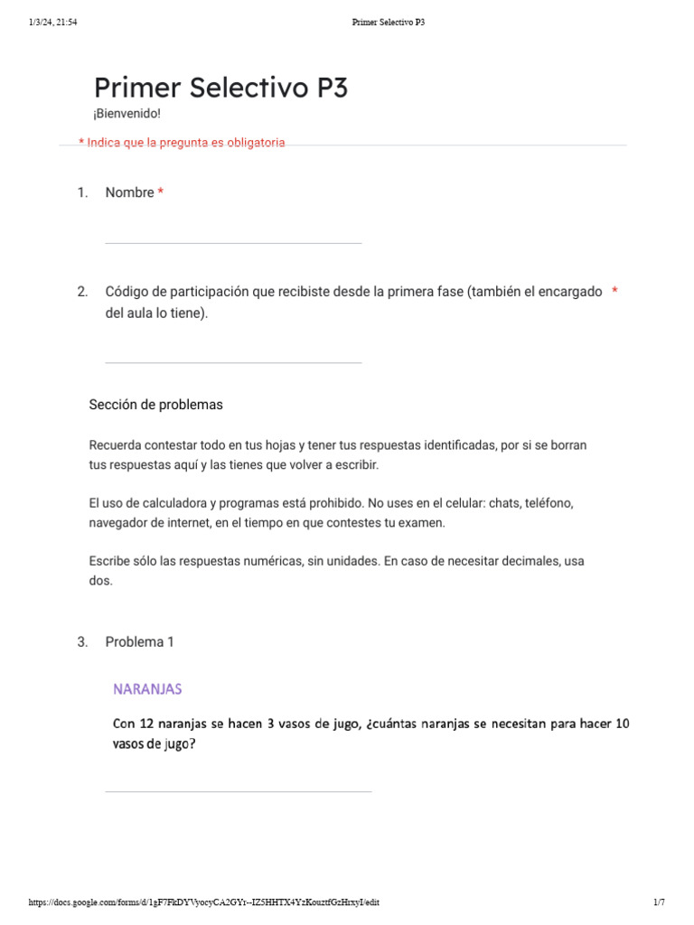 Primer Selectivo P3 - Formularios de Google | PDF