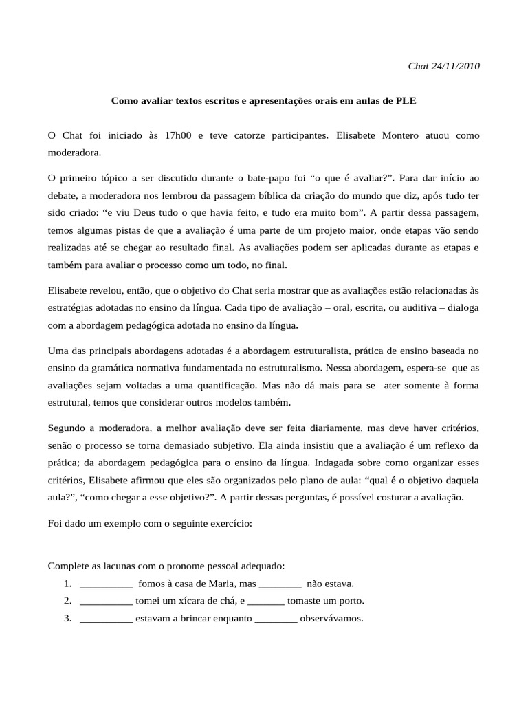 Como Avaliar Textos Escritos e Apresentacoes Orais em Aulas de PLE ...