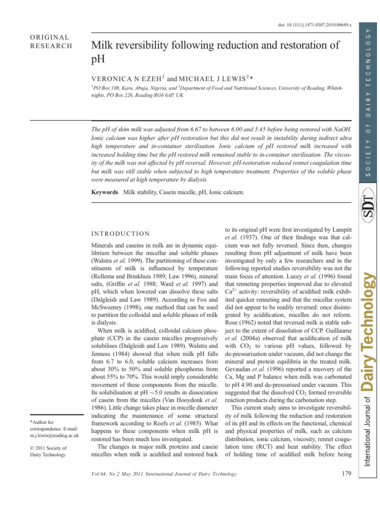 Milk Reversibility Following Reduction and Restoration of PH | PDF ...