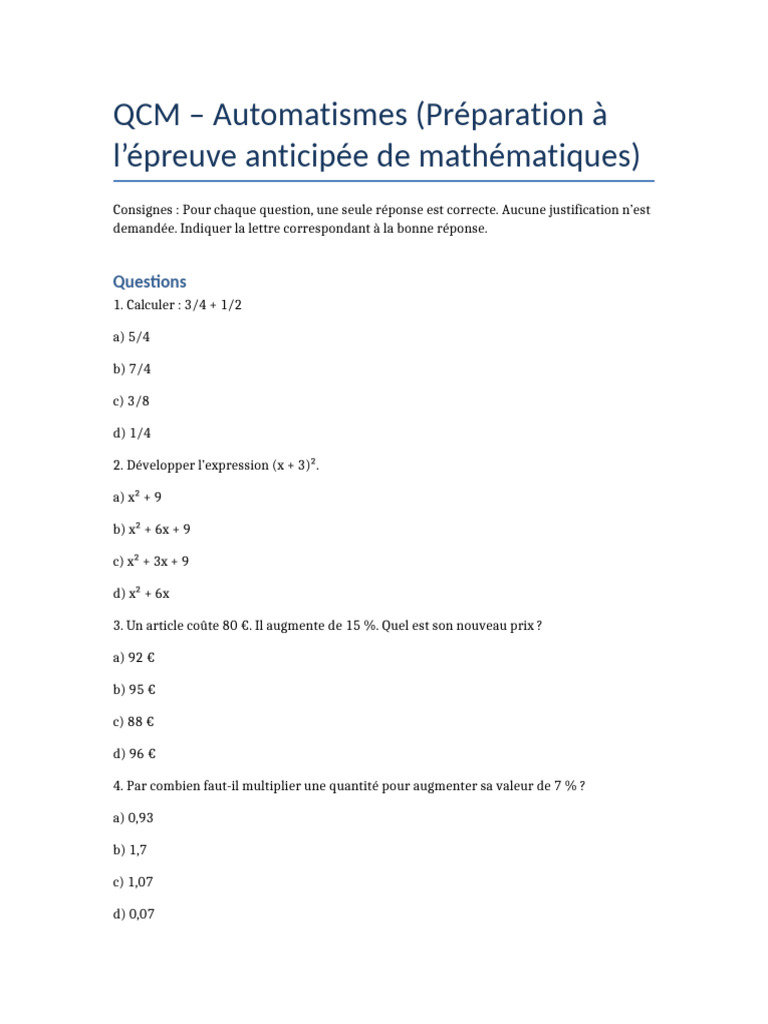 QCM Automatismes Premiere BAC | PDF