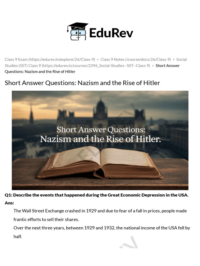 Class 9 History Chapter 3 Question Answers - Nazism and The Rise of ...