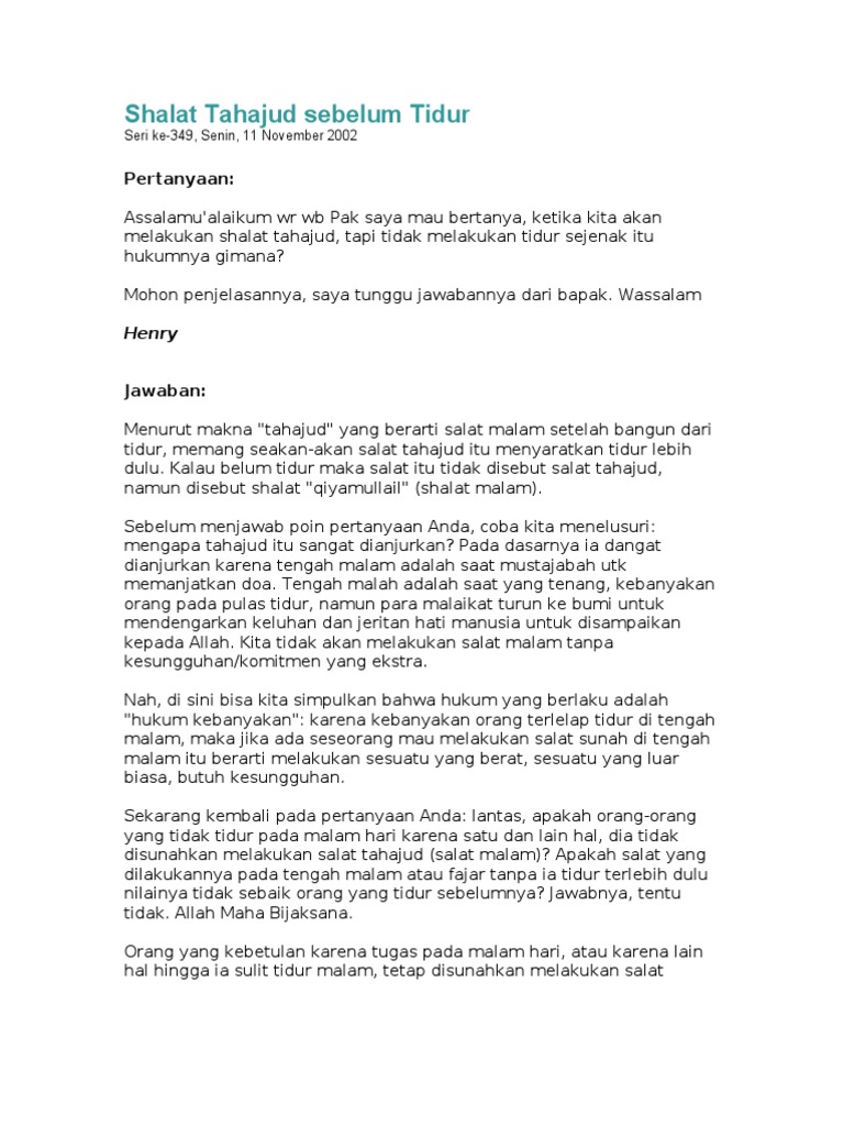 Shalat Tahajud Sebelum Tidur