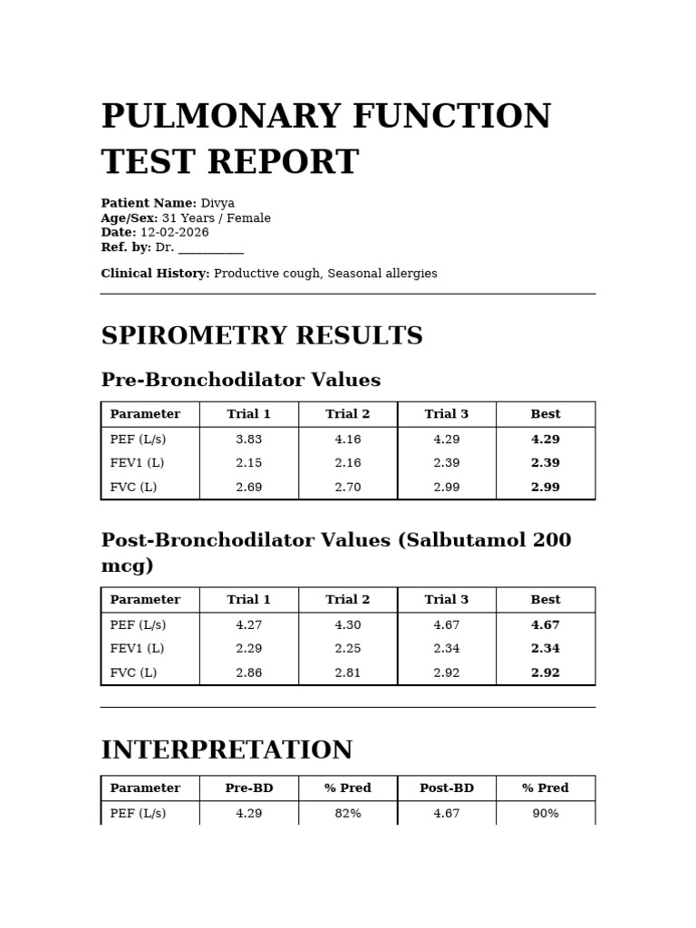 Pulmonary Function Test Report: Spirometry Results | PDF
