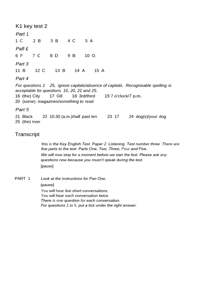 K1 Key Test 3 Nghe 1 | PDF