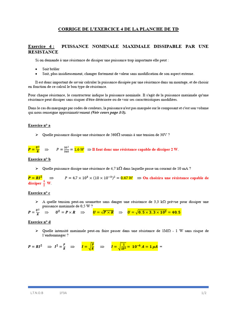 Corrige - Exercice 4 - Du - TD | PDF | Résistance (composant ...