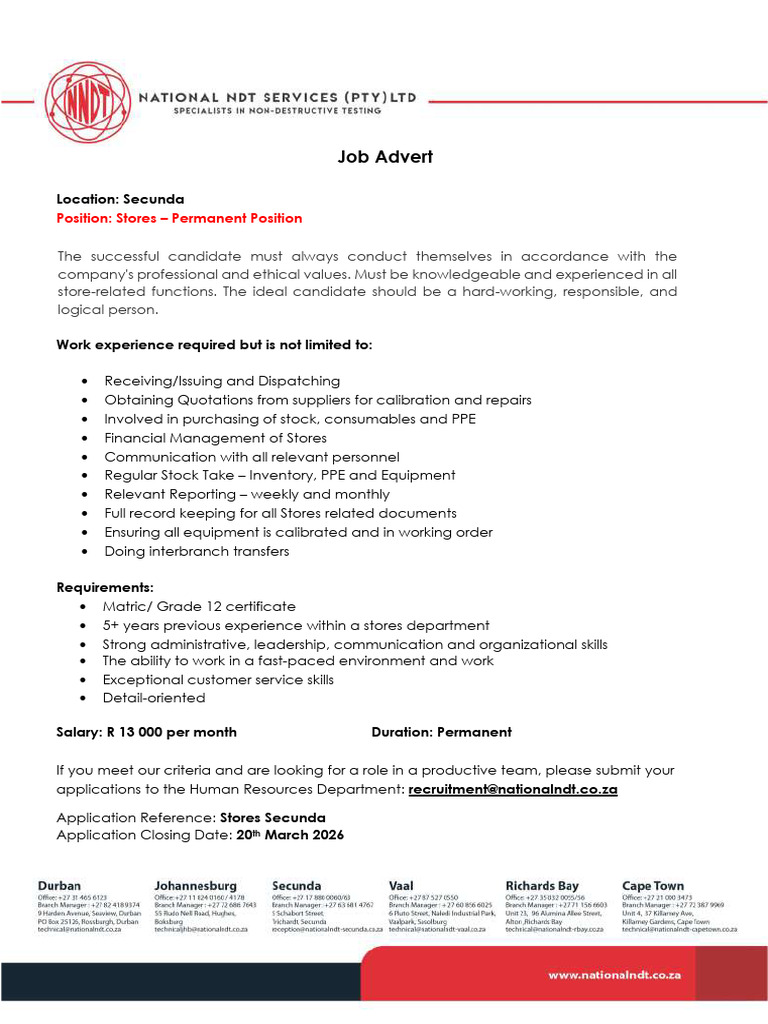 Job Advert - Secunda Storeman - 043437 | PDF