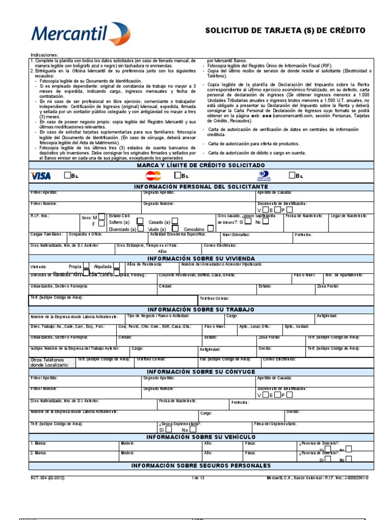 banco mercantil solicitud de tarjeta de credito recaudos