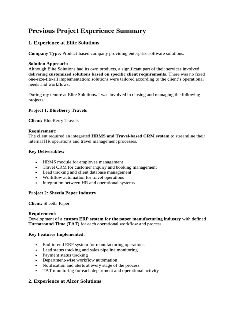 Previous Project Experience Summary | PDF | Enterprise Resource ...