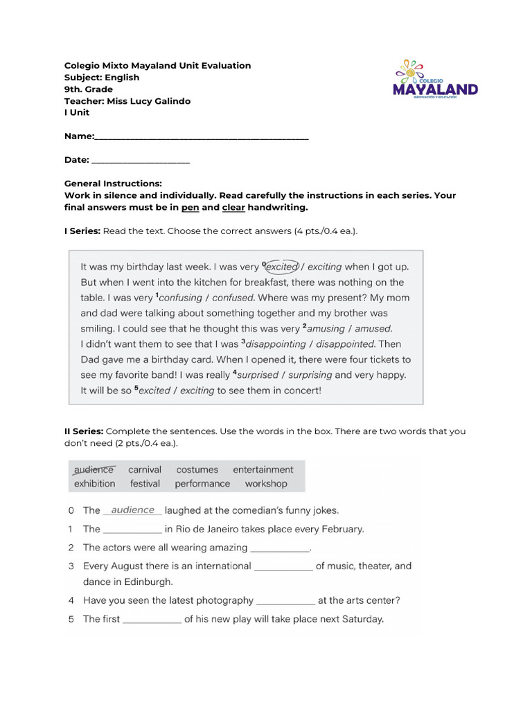9th. Grade - Unit I Evaluation | PDF