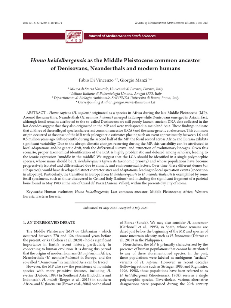 Homo Heidelbergensis As The Middle Pleistocene Common Ancestor of ...