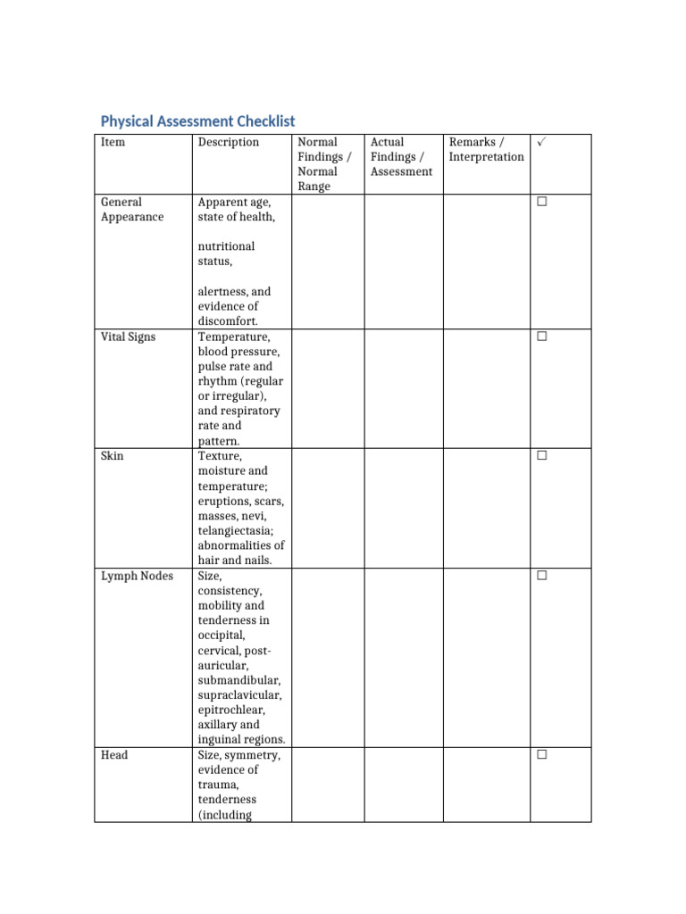 Physical Assessment Checklist | PDF | Edema | Thorax