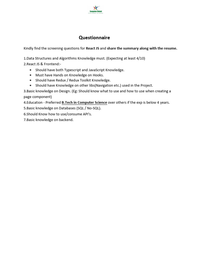 React JS Questionnaire - Zaggle | PDF