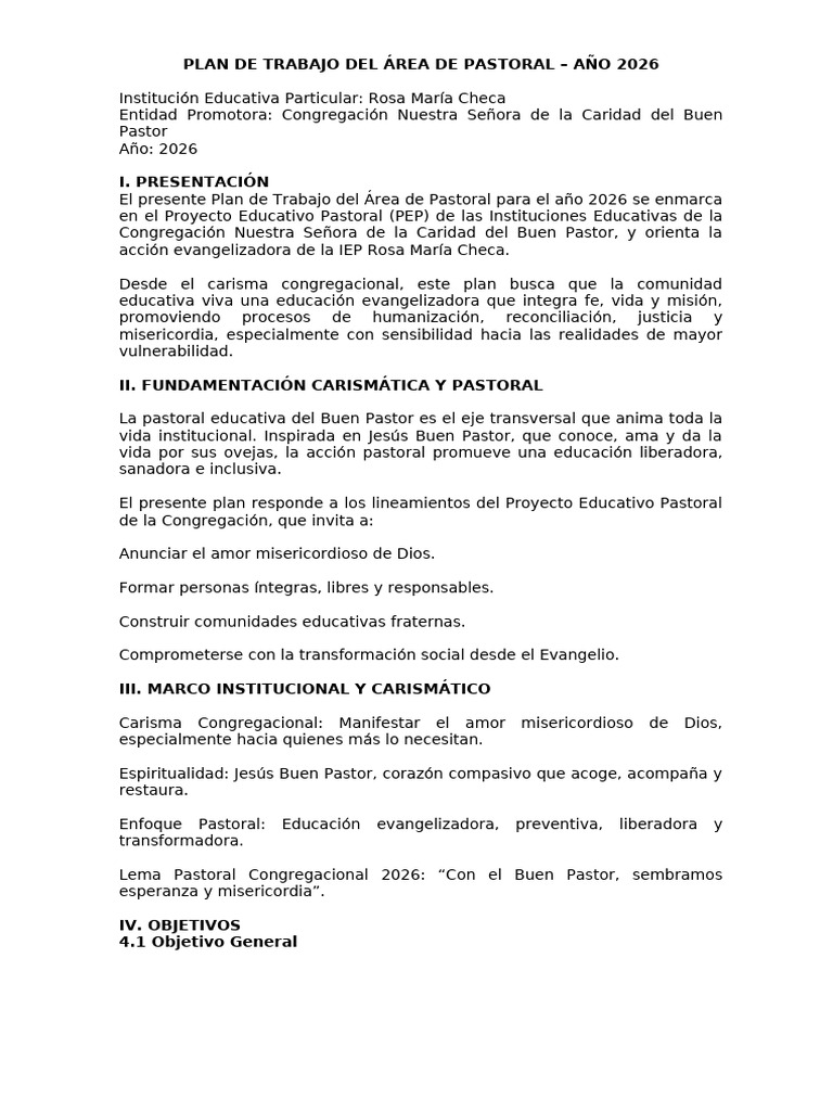 Para Plan de Trabajo Del Área de Pastoral | PDF | Oración | Liturgia