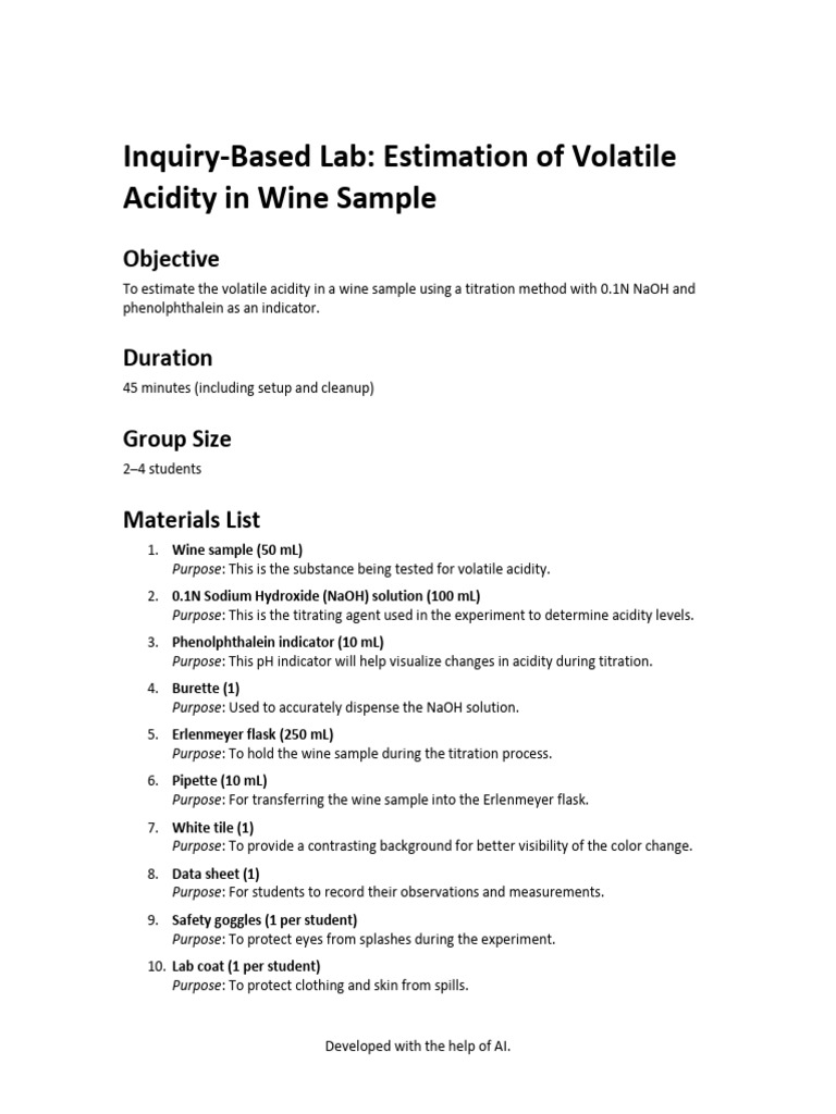 Lab Material List For Wine Acidity Titration | PDF | Titration | Chemistry