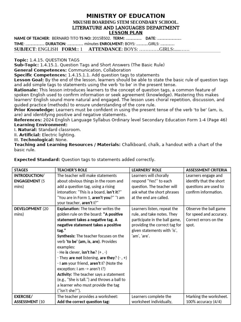 Question Tags English Form 1 Lesson Plans | PDF | Question | Learning