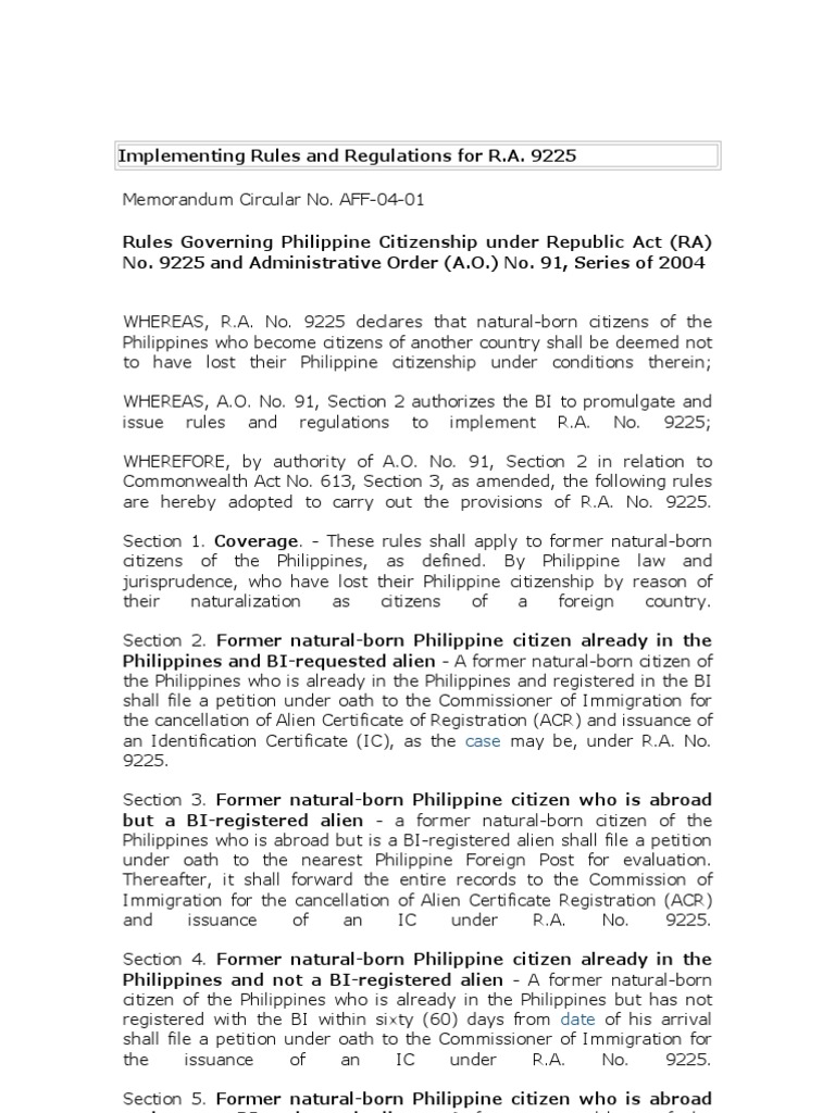 Implementing rules and regulations ra 9225 oath of office citizenship