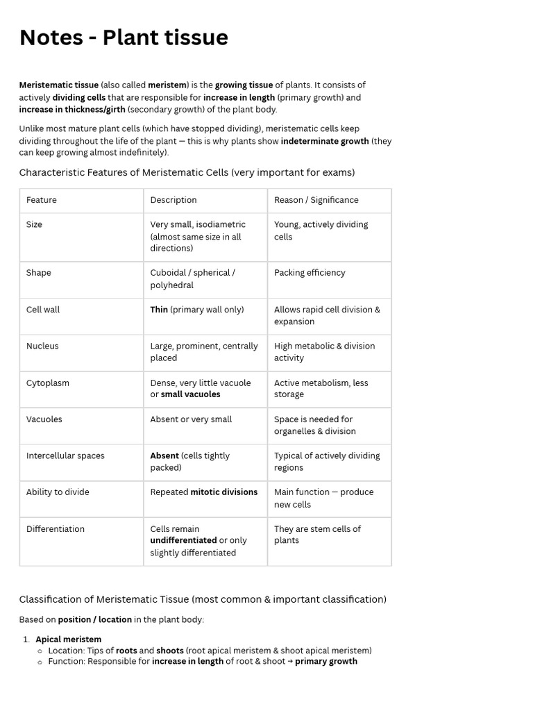 Notes - Plant Tissue | PDF | Bone | Epithelium