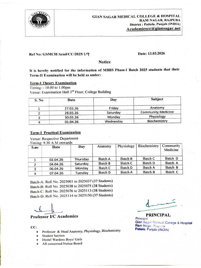 MBBS Phase - I, Batch 2025, Term - II Examination | PDF