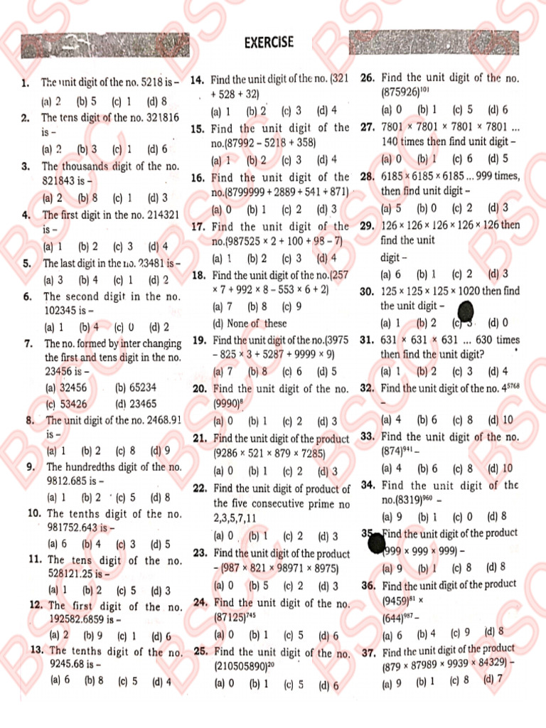Unit Digits Questions With Ans. | PDF