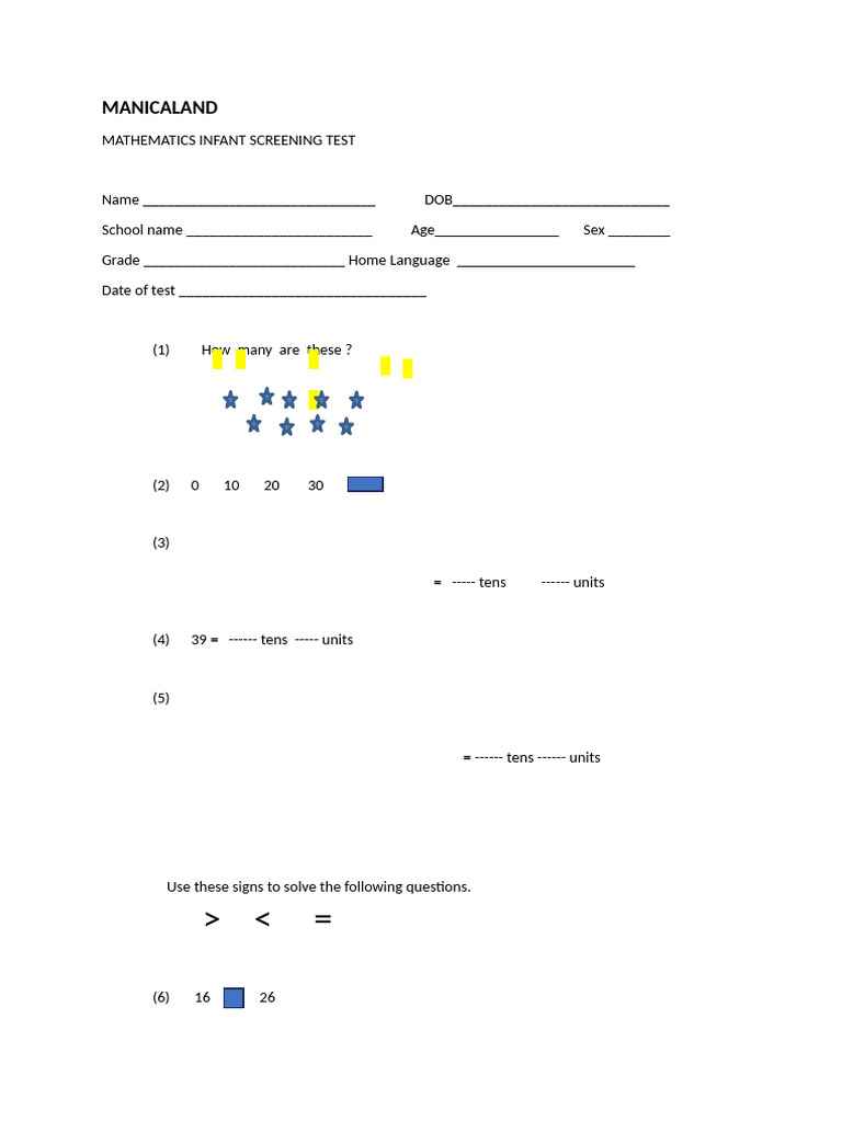 Infant Mathematics Screening Test MANICALAND | PDF