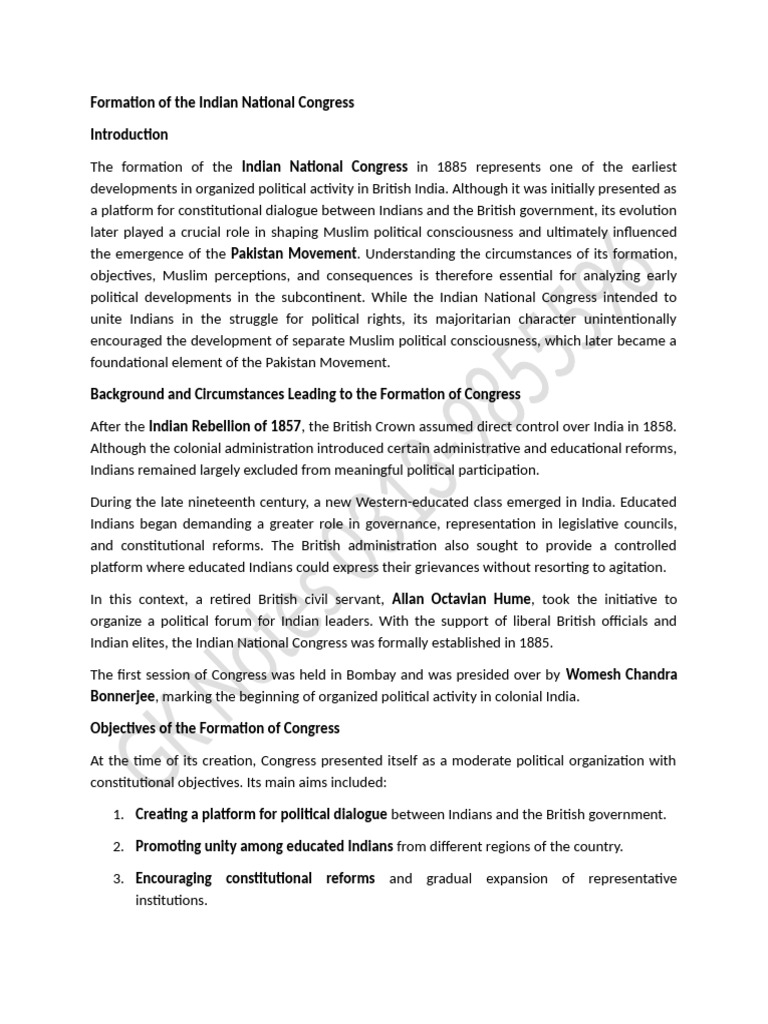 Formation of Congress | PDF | Indian National Congress | Pakistan Movement