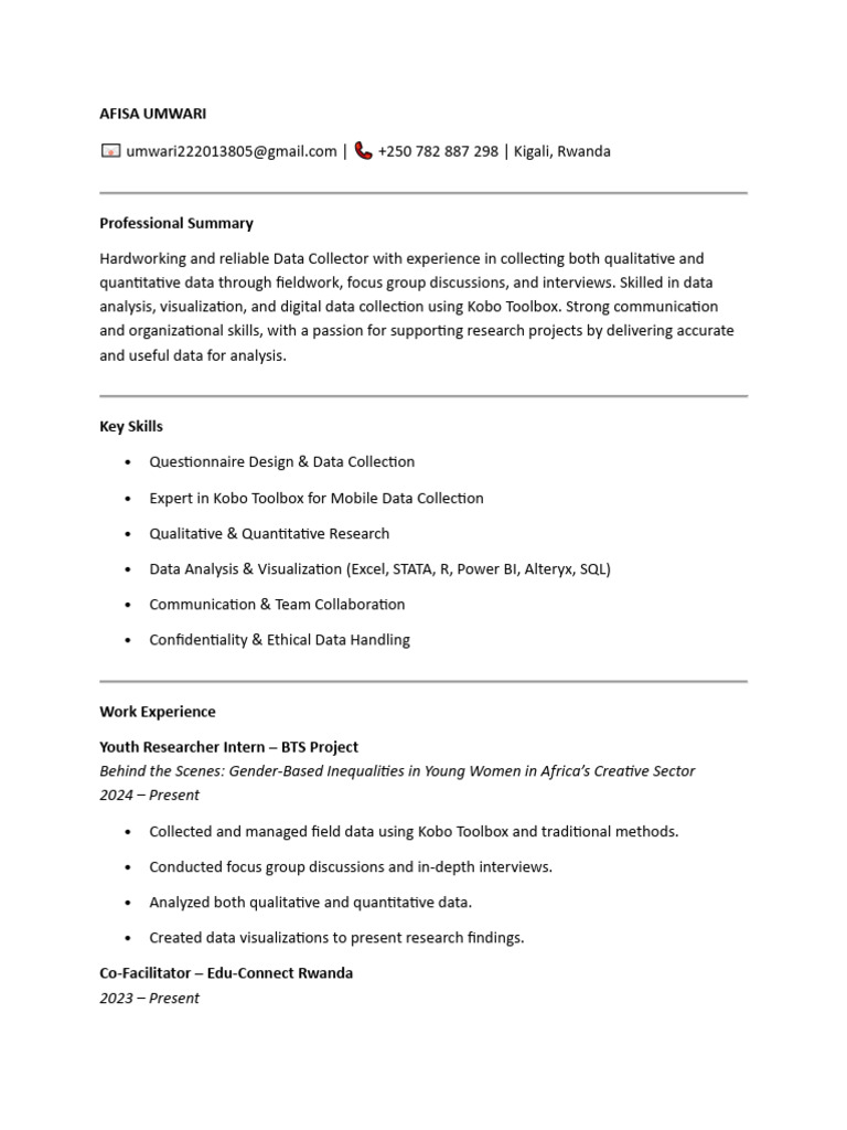 AFISA UMWARI Data Collection CV | PDF