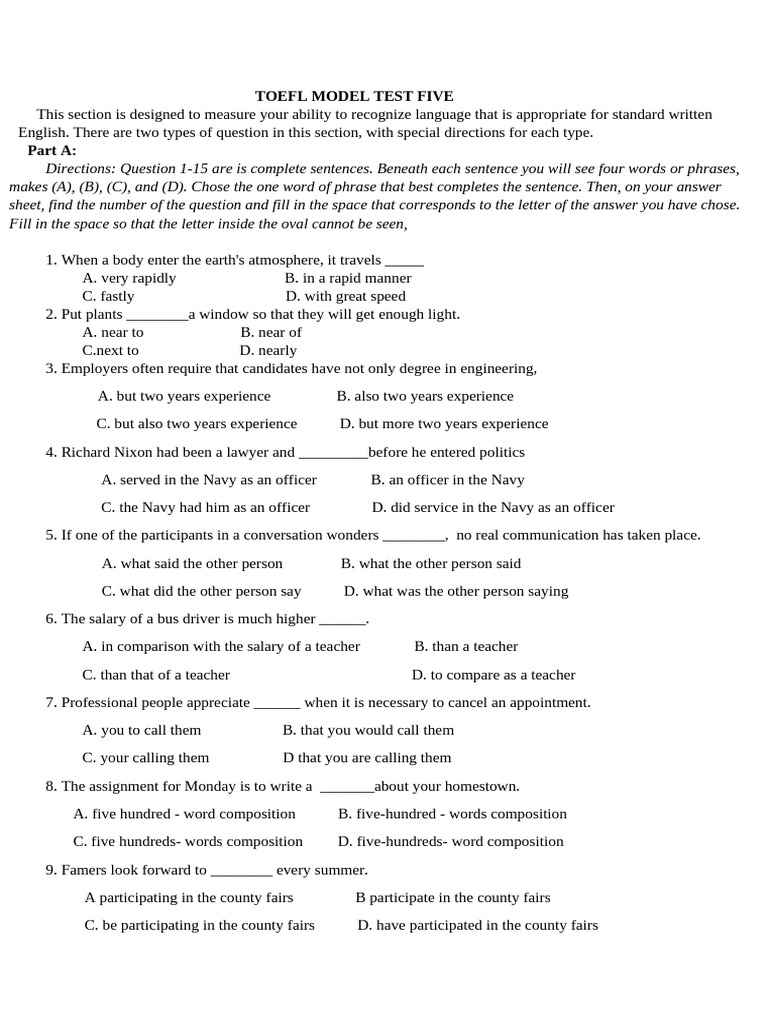 Toefl Model Test Five | PDF | Cost Of Living