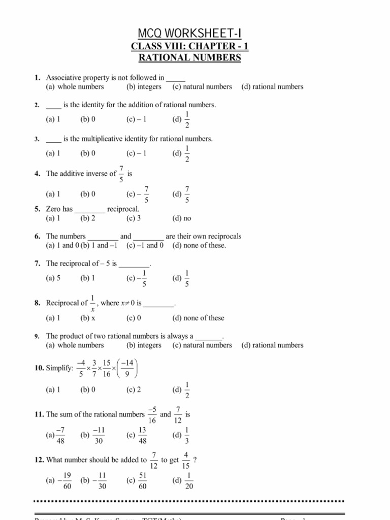 Maths Worksheet - 1 (Rational Nos.) | PDF