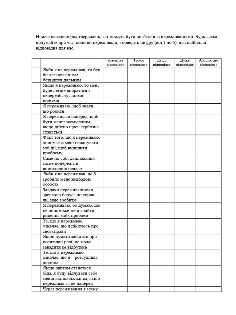 Опросник WW-2 (Why Worry) WW-ІІ - ukr | PDF