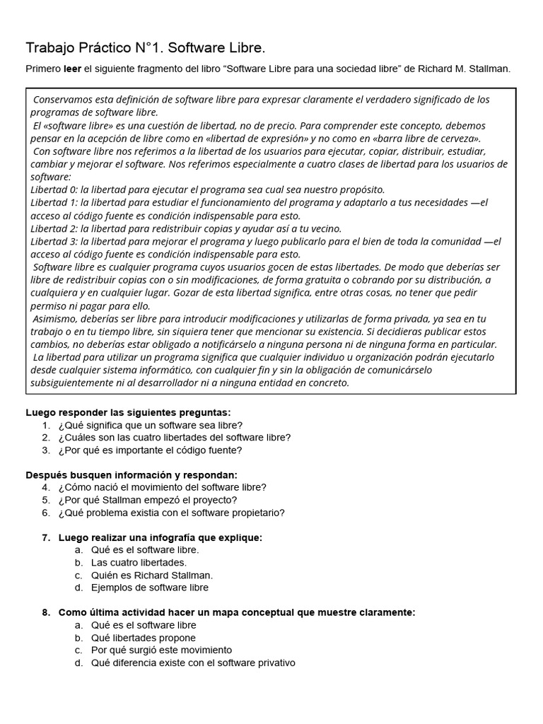 Trabajo Práctico N°1. Software Libre | PDF | Software libre | Libertad