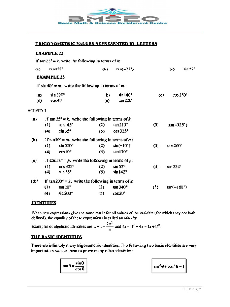 BMSEC GRADE 11 Trig Worksheet 2 - 094908 | PDF