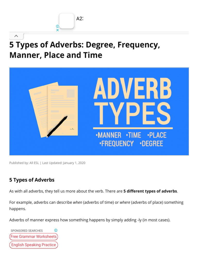 5 Types of Adverbs - Degree, Frequency, Manner, Place and Time - ALL ...