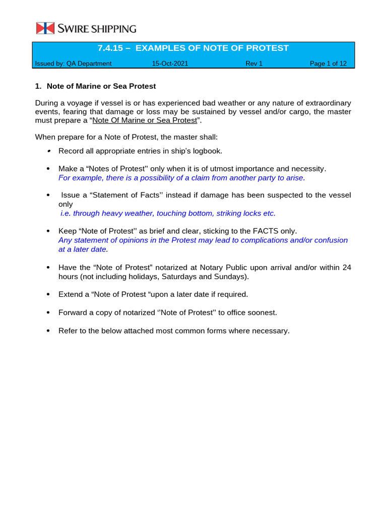 7.4.15 - Examples of Note of Protest | PDF | Cargo | Ships