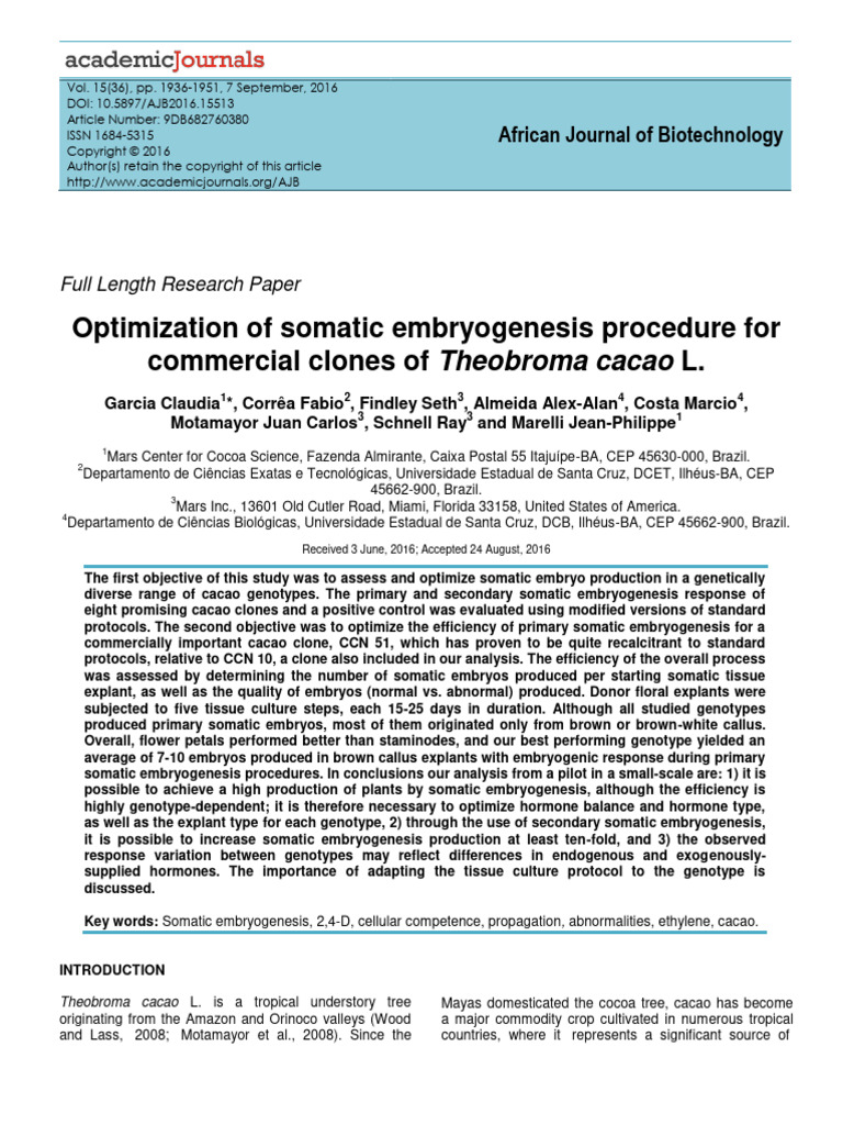 Optimization of Somatic Embryogenesis PR | PDF | Embryo | Developmental ...