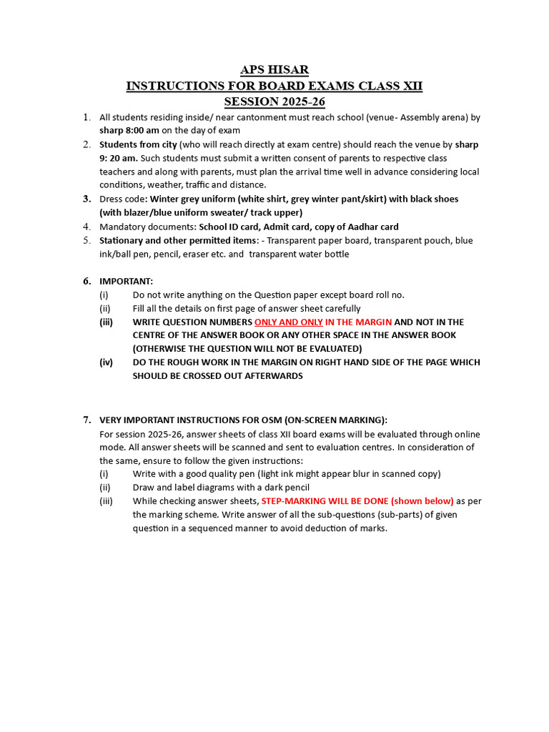 Instructions For Class Xii Board Exams. | PDF