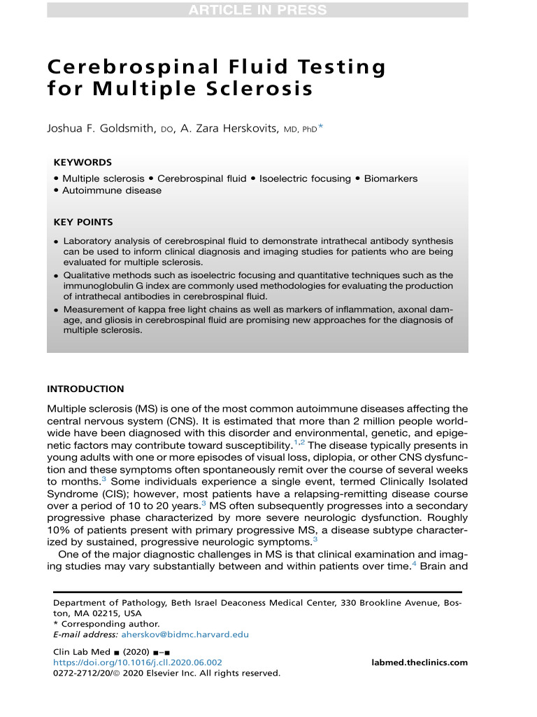 Cerebrospinal Fluid Testing For Multiple Sclerosis CLIN LAB MED 2020 ...