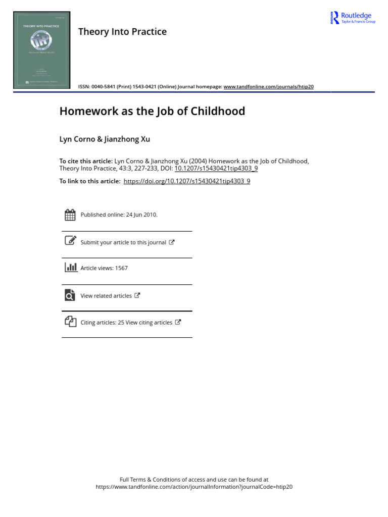 Homework As The Job of Childhood | PDF | Homework | Teachers
