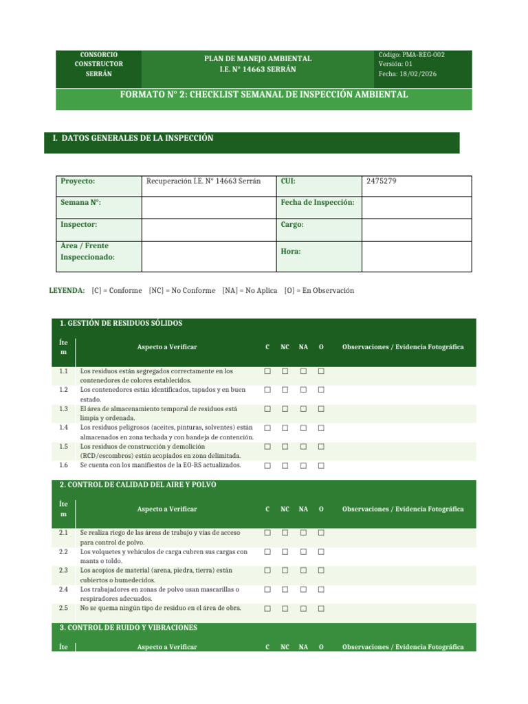PMA REG 002 Checklist Inspeccion | PDF | Cuestiones ambientales ...