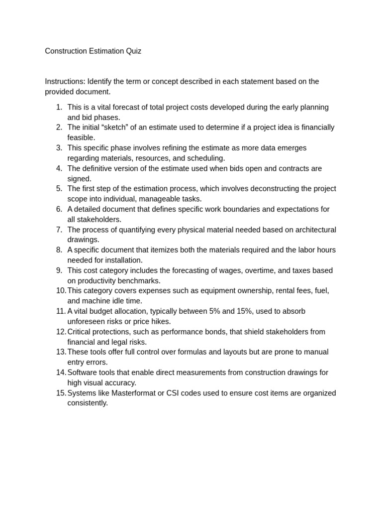 Quiz Construction Estimate | PDF