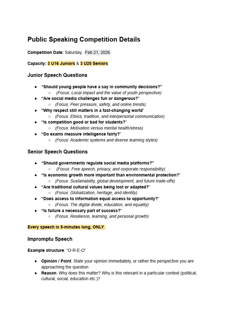Public Speaking Inter-School Competition Information | PDF | Public ...