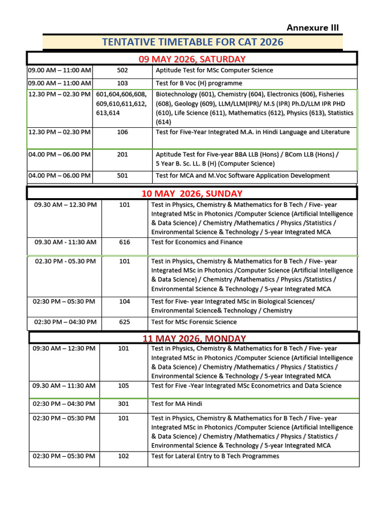 Cusat Exam Timetable | PDF | Computer Science | Academic Degree