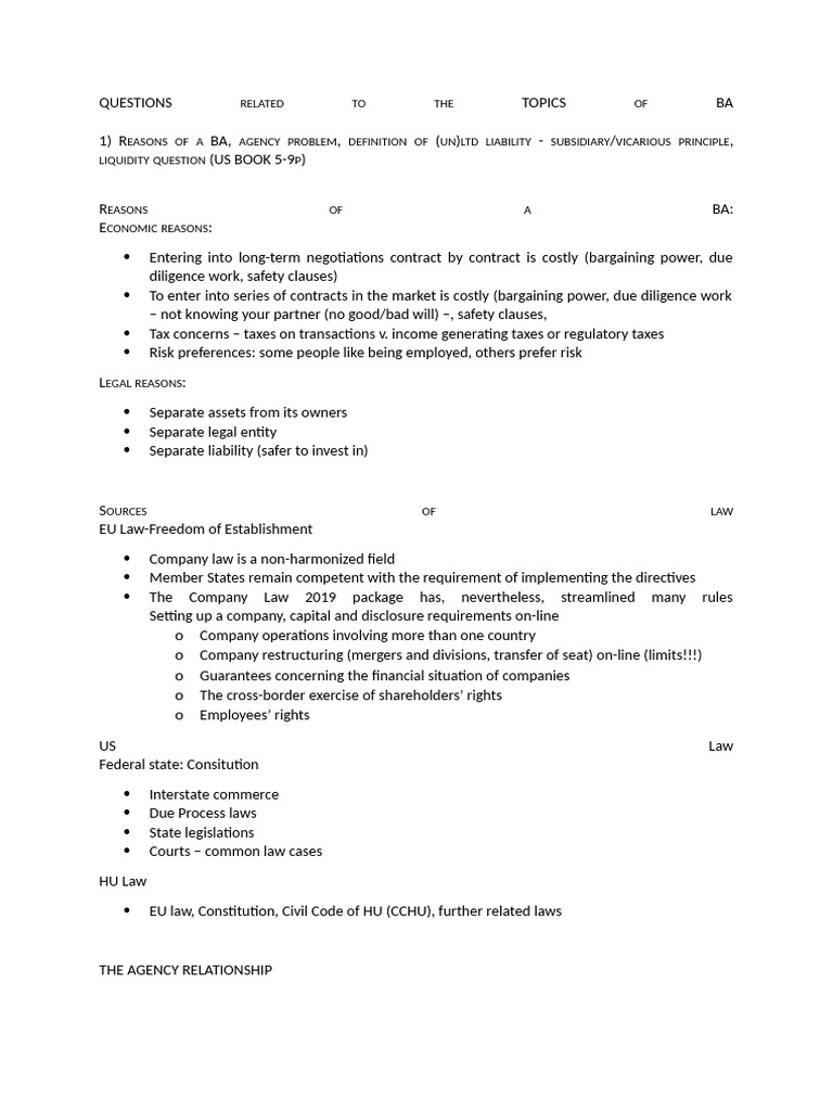 Questions Related to the Topics of Ba | PDF | Law Of Agency | Partnership