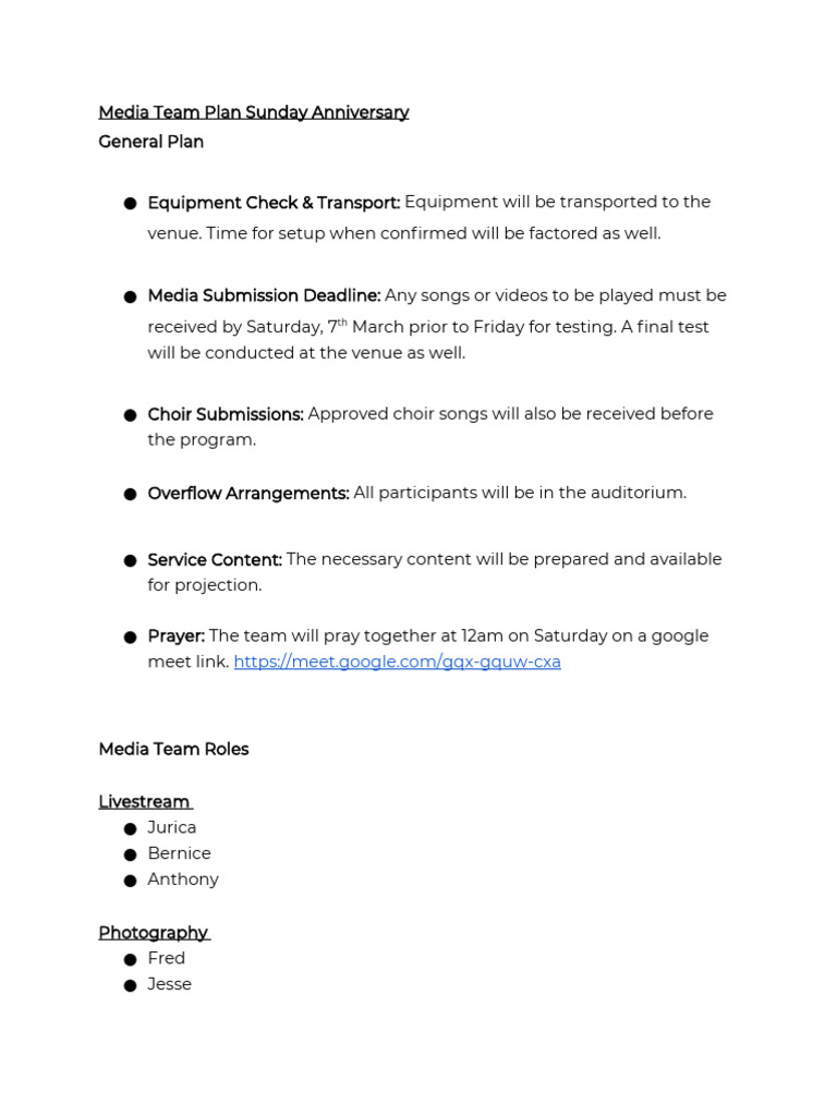Anniversary Sunday - Media Team Plan | PDF