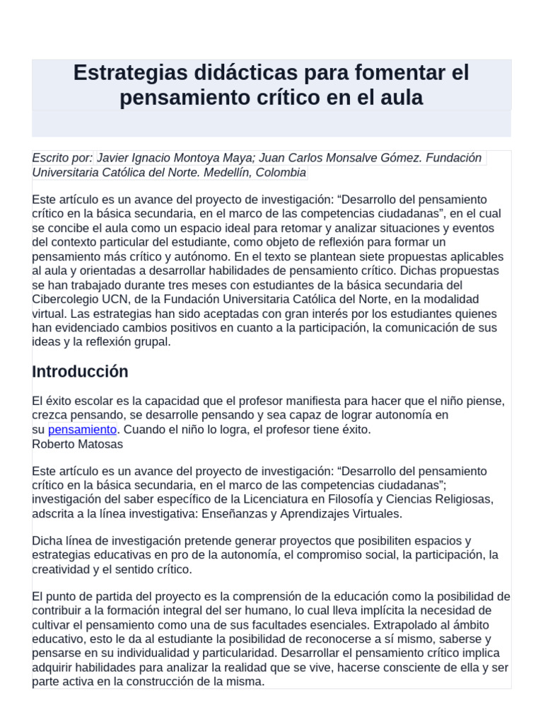 Estrategias Didácticas Pensamiento Crítico en El Aula | PDF ...