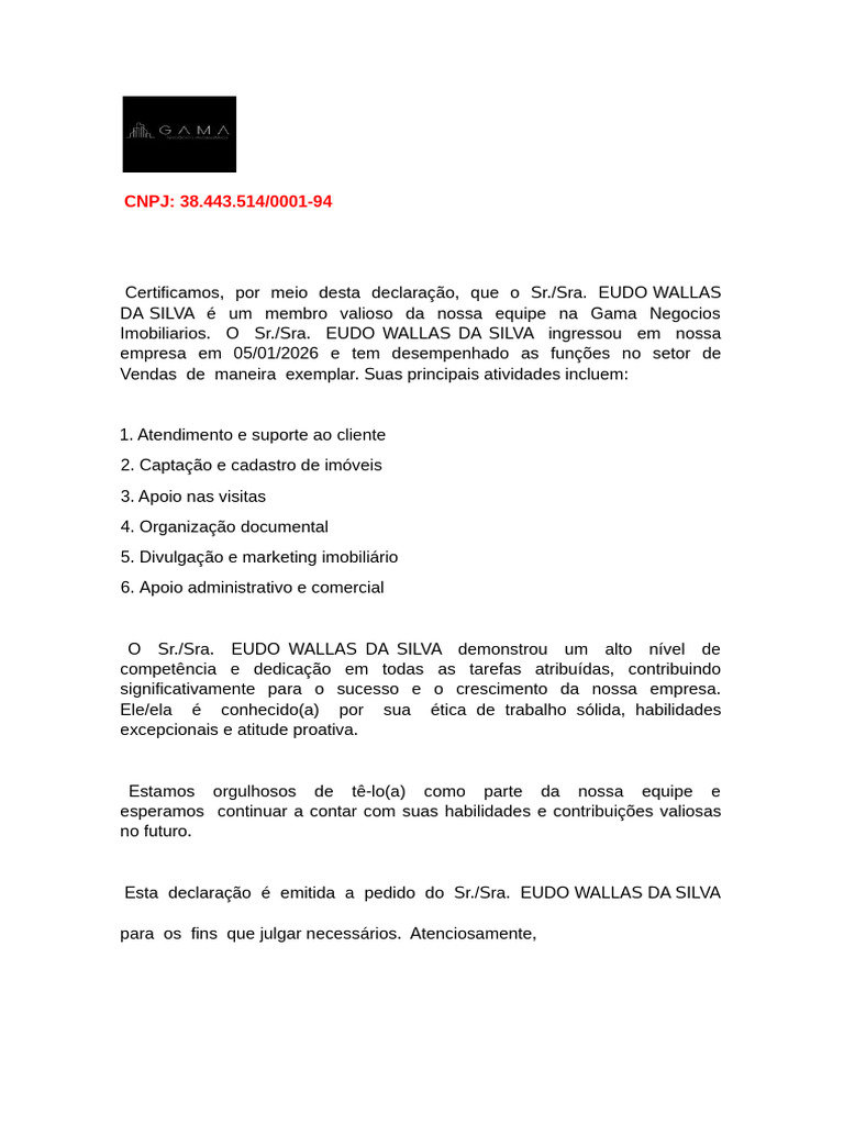 Declaracao Empresarial de Funcionalidade Do Colaborador Eudo Wallas Da ...