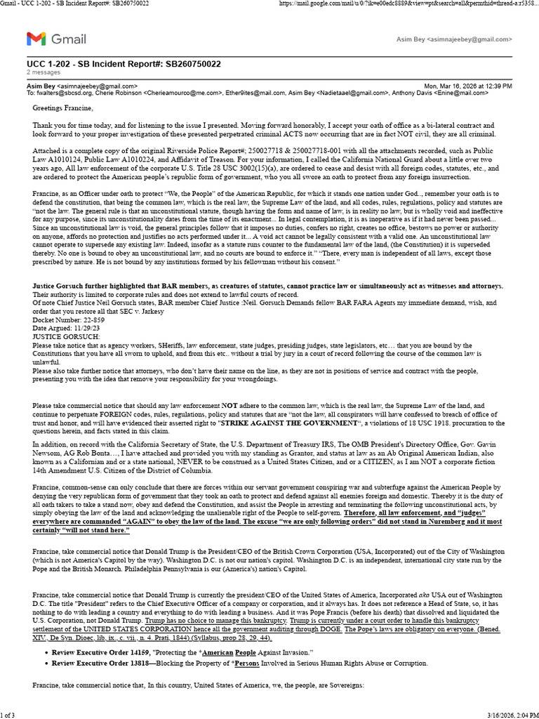 Gmail - UCC 1-202 - SB Incident Report# - SB260750022 Tendered To San ...