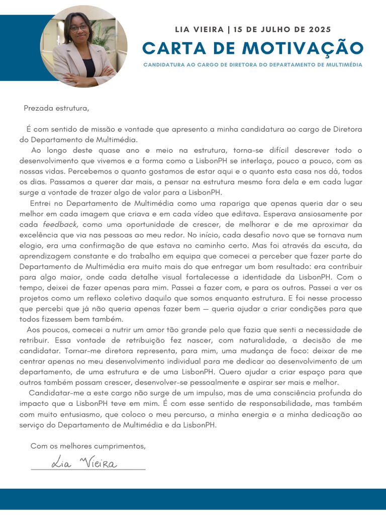 Carta de Motivação - Lia Vieira | PDF | Aprendizado