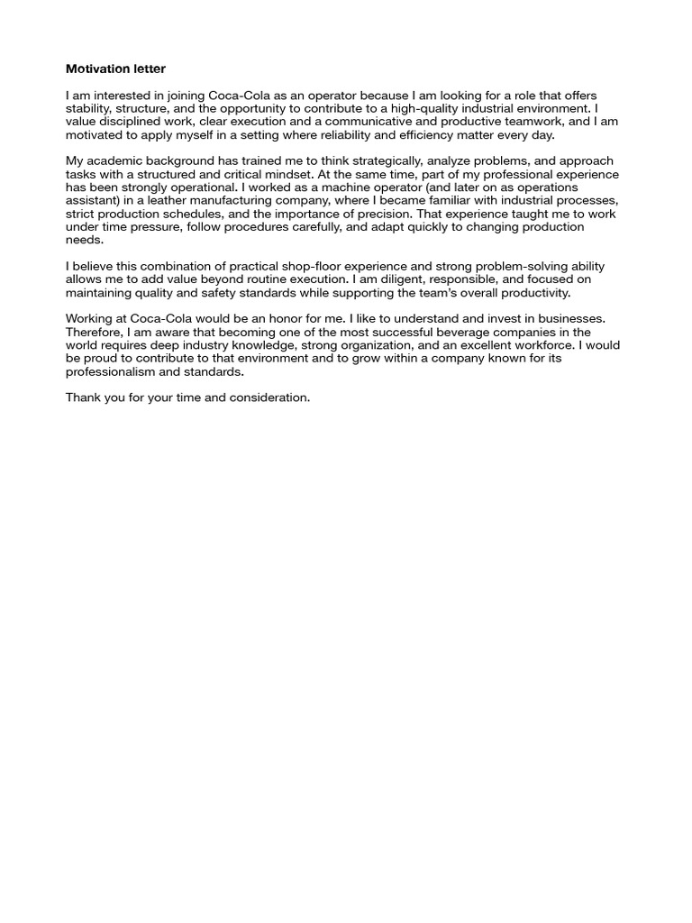 Coca Cola Motivation Letter | PDF